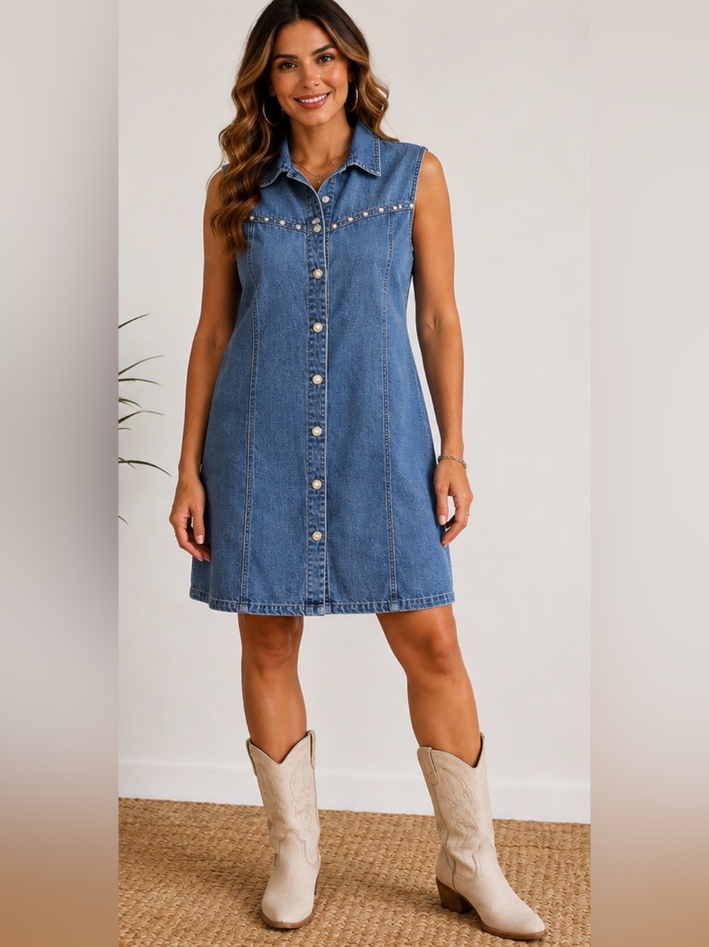 Vintage MPH Blue Denim Shirt Dress Studded Western Sleeveless Button Front L.